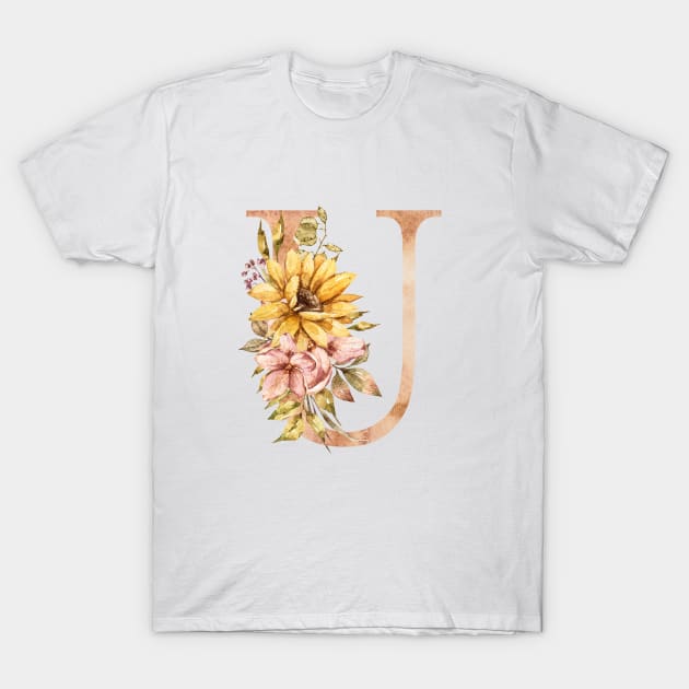 Watercolor sunflower bouquet monogram letter U T-Shirt by tiana geo